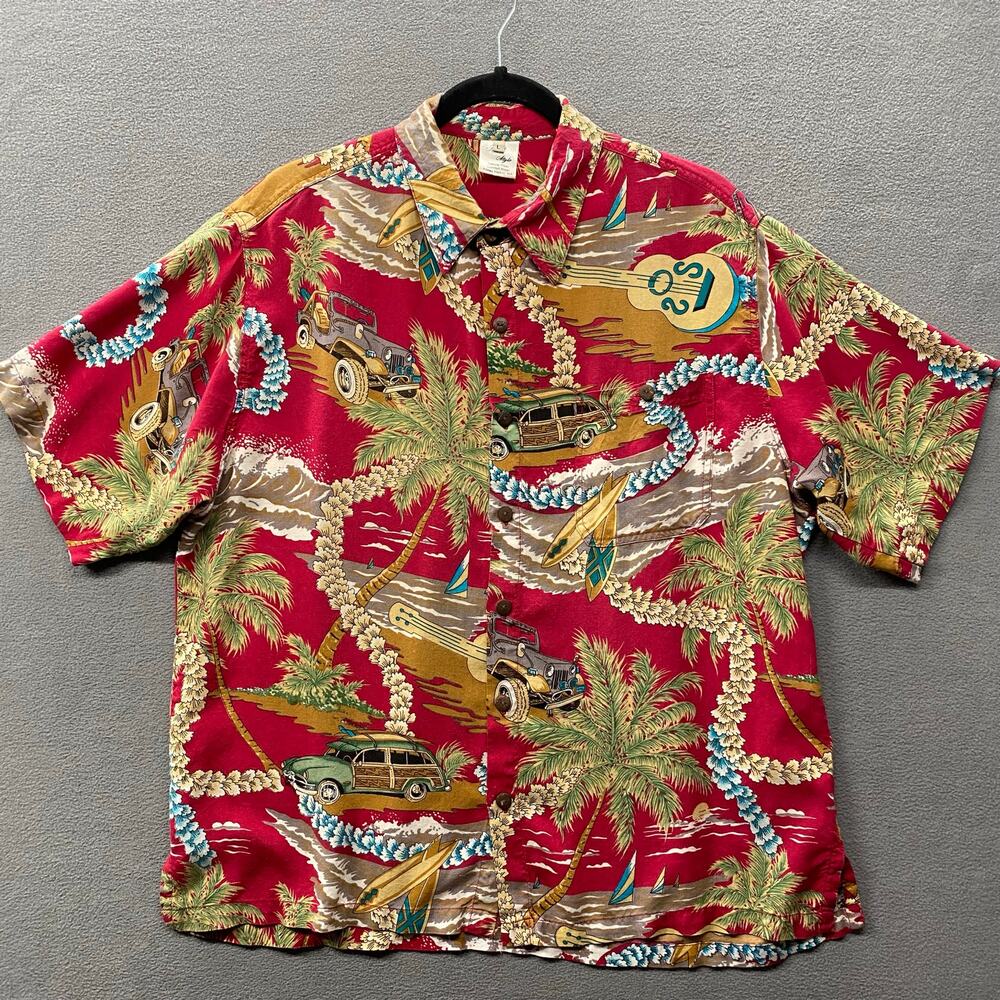 Vtg Island Style Hawaiian Surfer Button Down Shirt Mens L Red Multi Retro Cars
